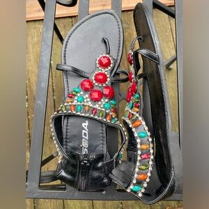 Soda Black Sandals with Red and Multicolor Accents